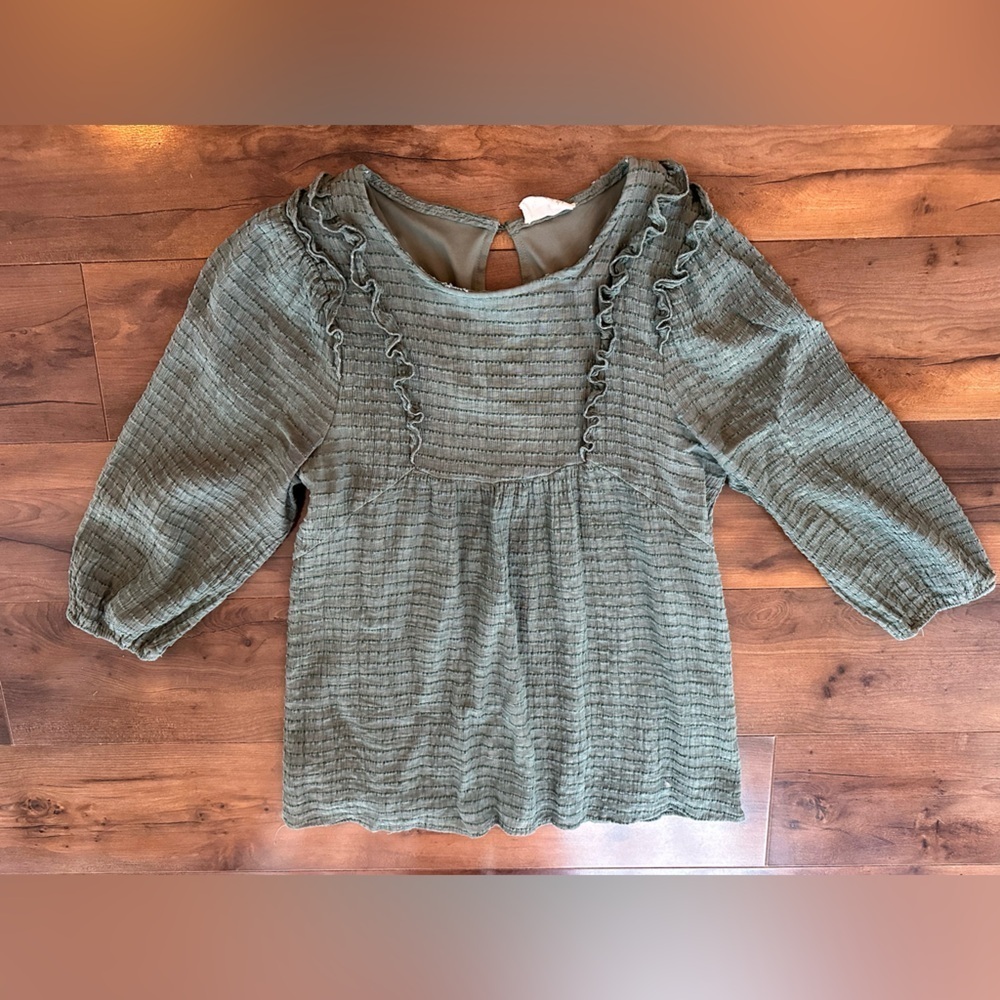 Ember Sage Green Smocked Cottagecore Ruffle Long Sleeve Top M